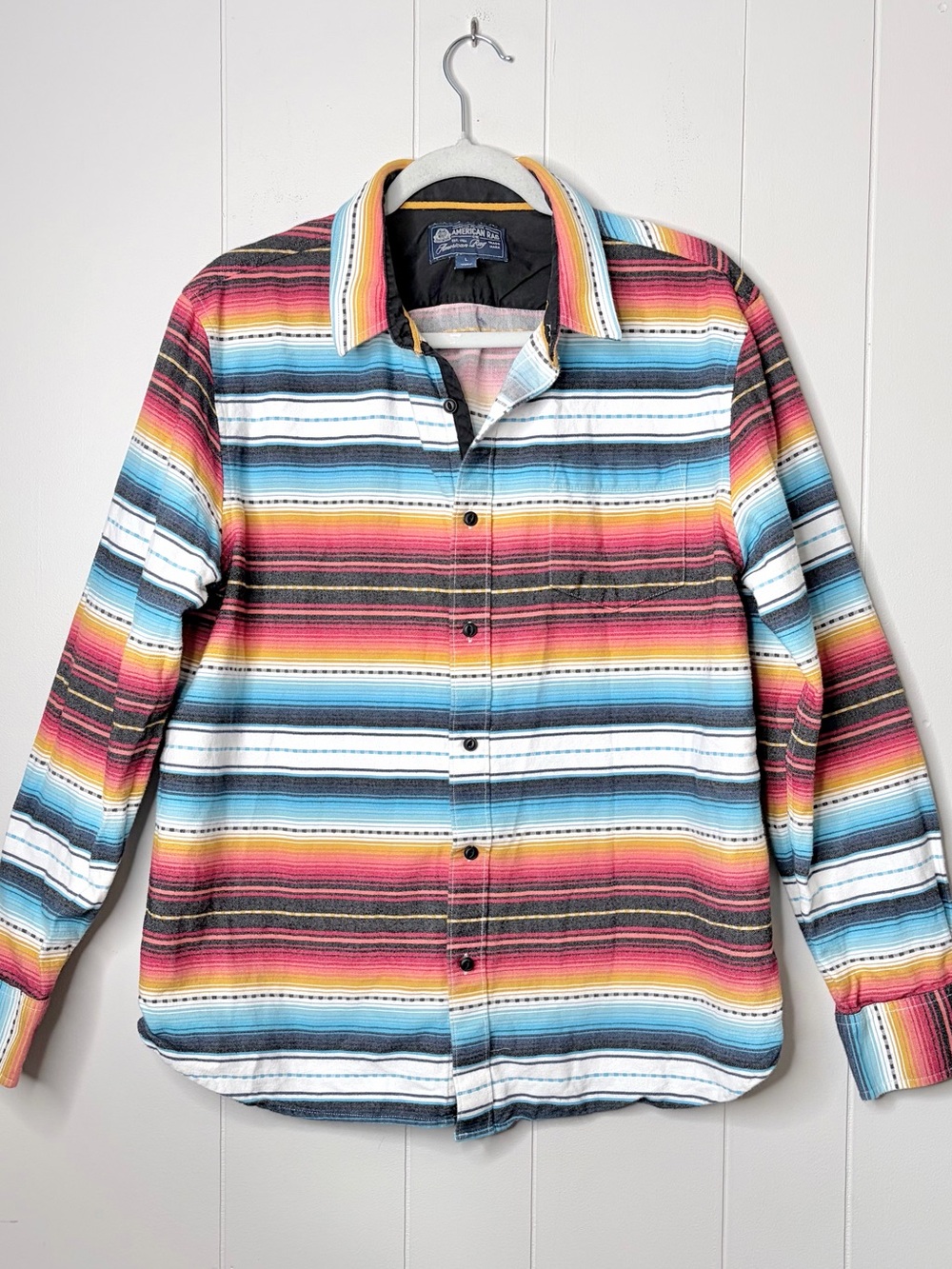 American Rag Multicolor Striped Button-Down Shirt Blue Red White Tan Ranch L